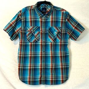 PrAna Mens XL Blue Plaid Short Sleeve Button Up Camp Shirt Front Pockets